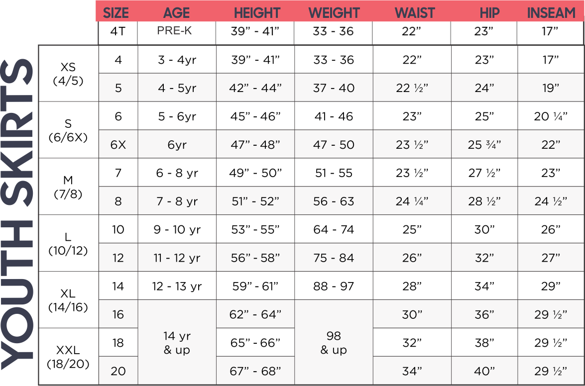 TLB French Toast Skirt and Jumper Size Chart